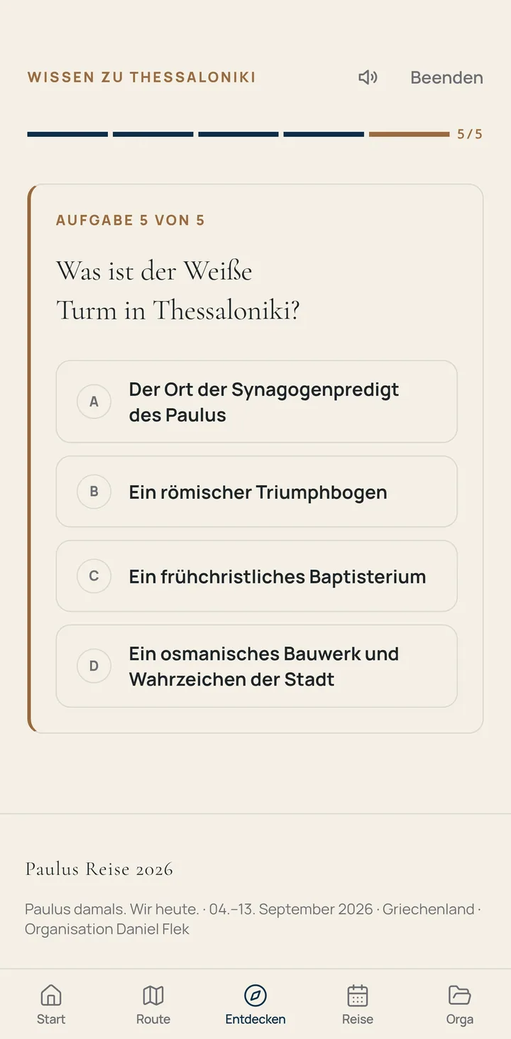 Quizansicht der Paulus Reise App