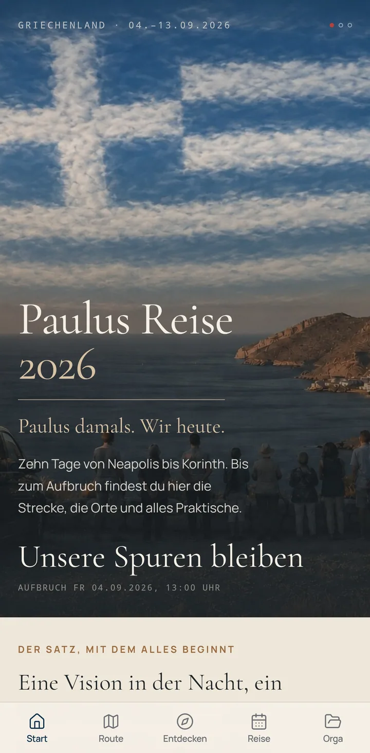 Mobile Startansicht der Paulus Reise App